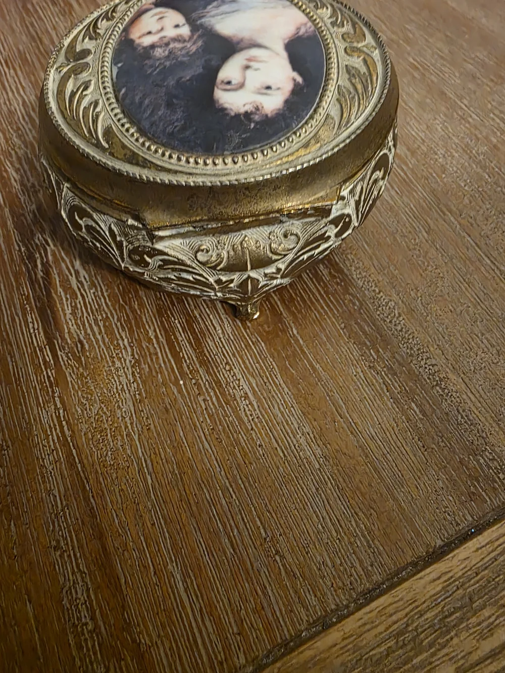 Antique-Style Gold Tone Round Trinket Box with Portrait Lid